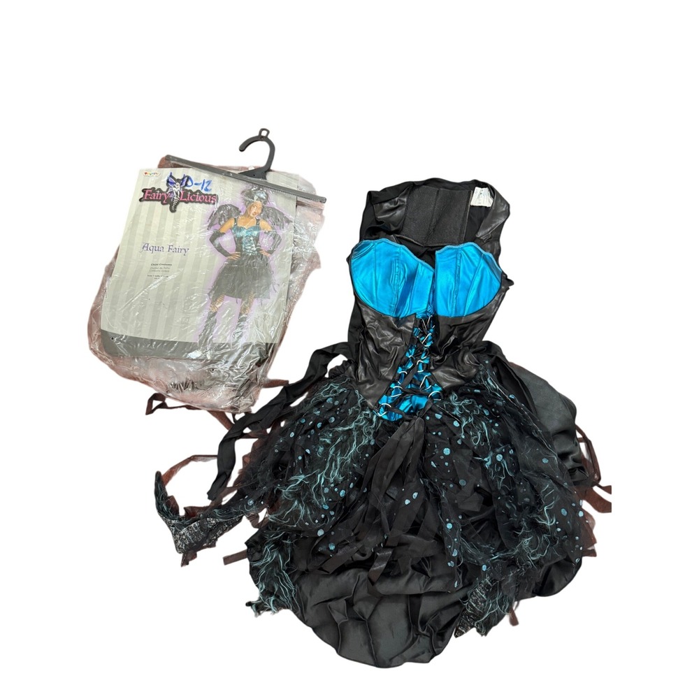 Disguise Fairy-Licious Aqua Fairy Costume Kids Size 10-12 Teal Black Gothic Wing
